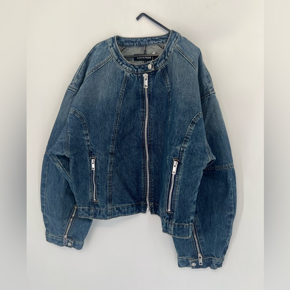 EB Denim Logan Denim Racer Moto Vintage Inspired Wide Tapered Sleeve Zip Jacket - Picture 3 of 9